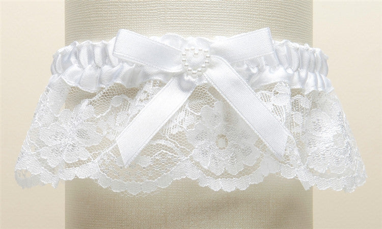 White Lace Garter with Satin Band and Pearl Heart