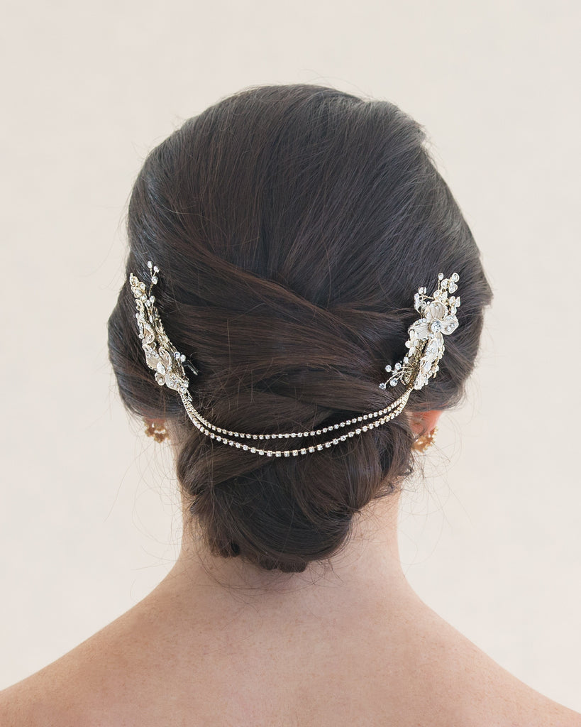 Light Gold Bridal Hair Chain with Floral Combs